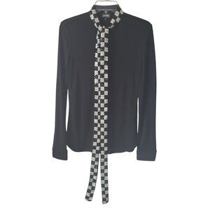 Jean Paul Gaultier Black White Checker Sequin Tie Neck Long Sleeve Top Blouse